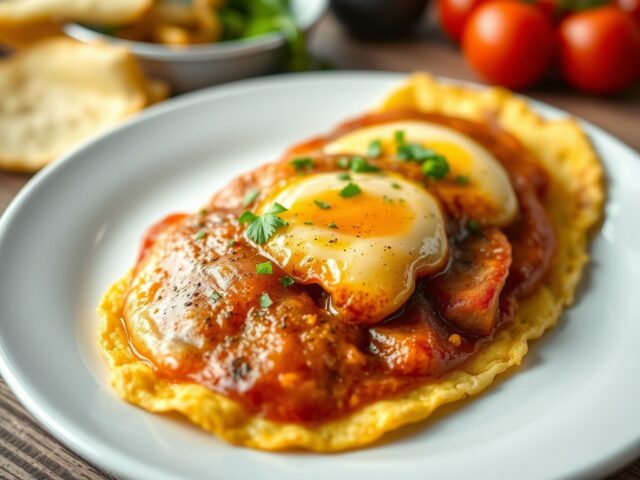 Frikandel-omelet met Vlaamse friet — AI-gegenereerde illustratie