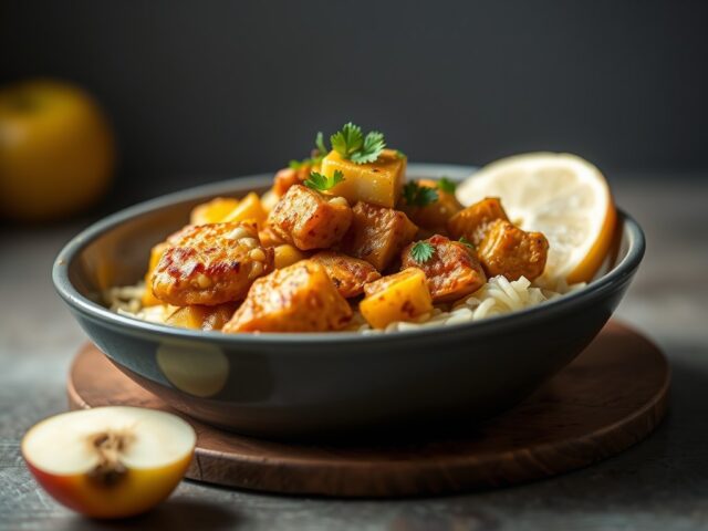 Fris mango- macadamia kip slaatje — AI-gegenereerde illustratie