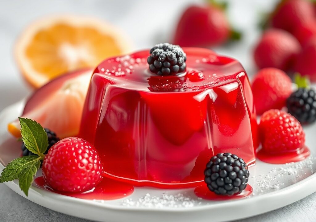 Frisse jelly met rood fruit, AI-gegenereerde illustratie