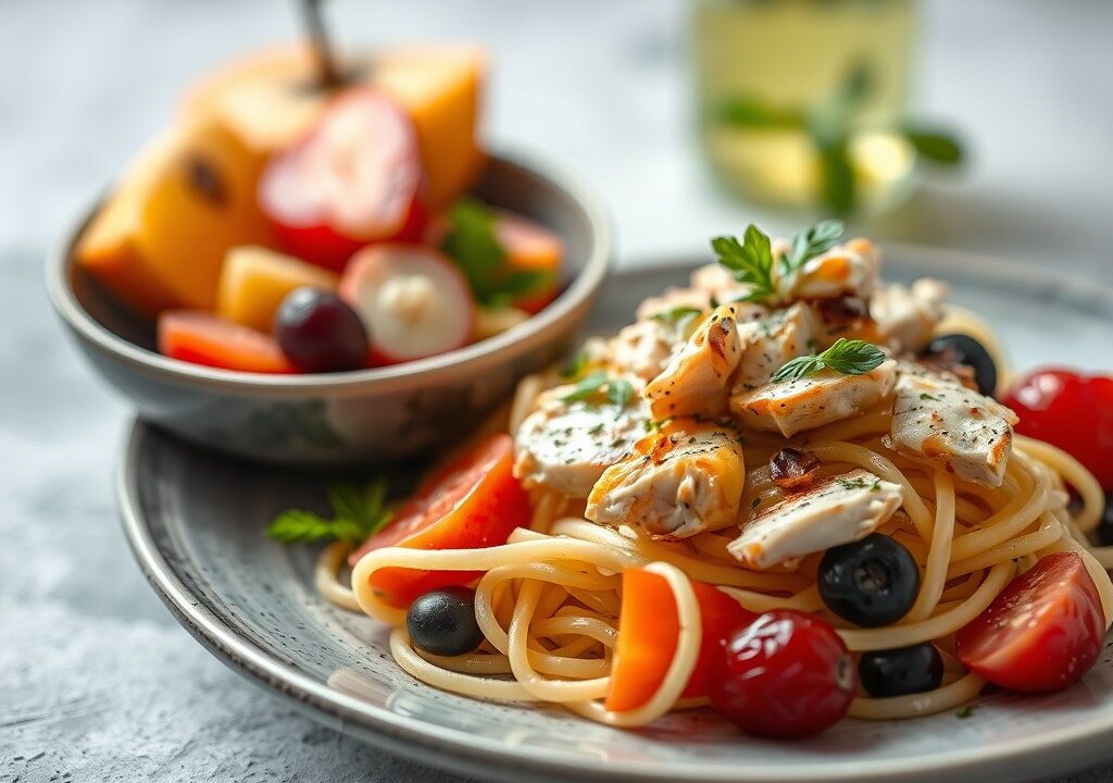 Frisse kip tagliatelle fruit salade, AI-gegenereerde illustratie