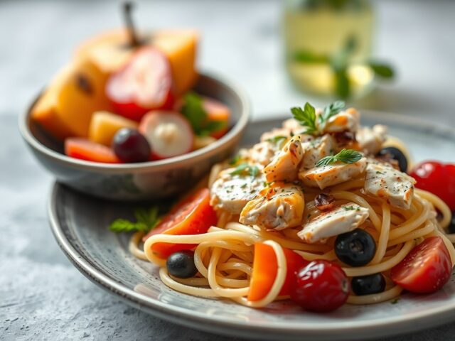 Frisse kip tagliatelle fruit salade — AI-gegenereerde illustratie