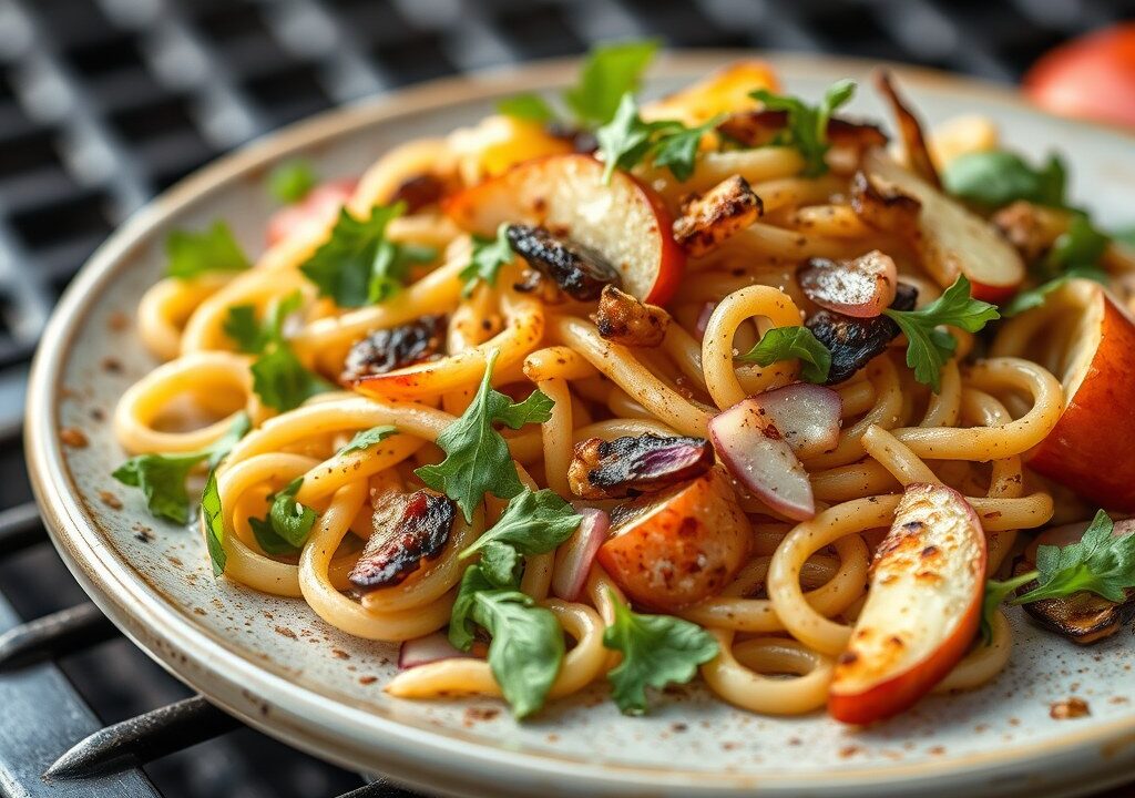 Frisse pastasalade met appel en rucola, AI-gegenereerde illustratie