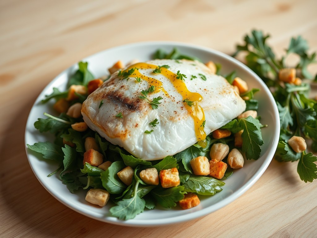 Frisse salade van gebakken rog, pijnboompitjes, korstjes en curryvinaigrette, AI-gegenereerde illustratie