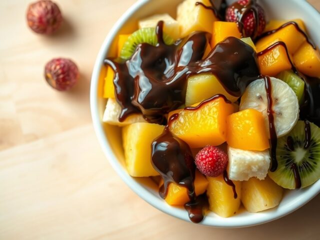Fruit­sa­la­de met cho­co­la­de­saus
