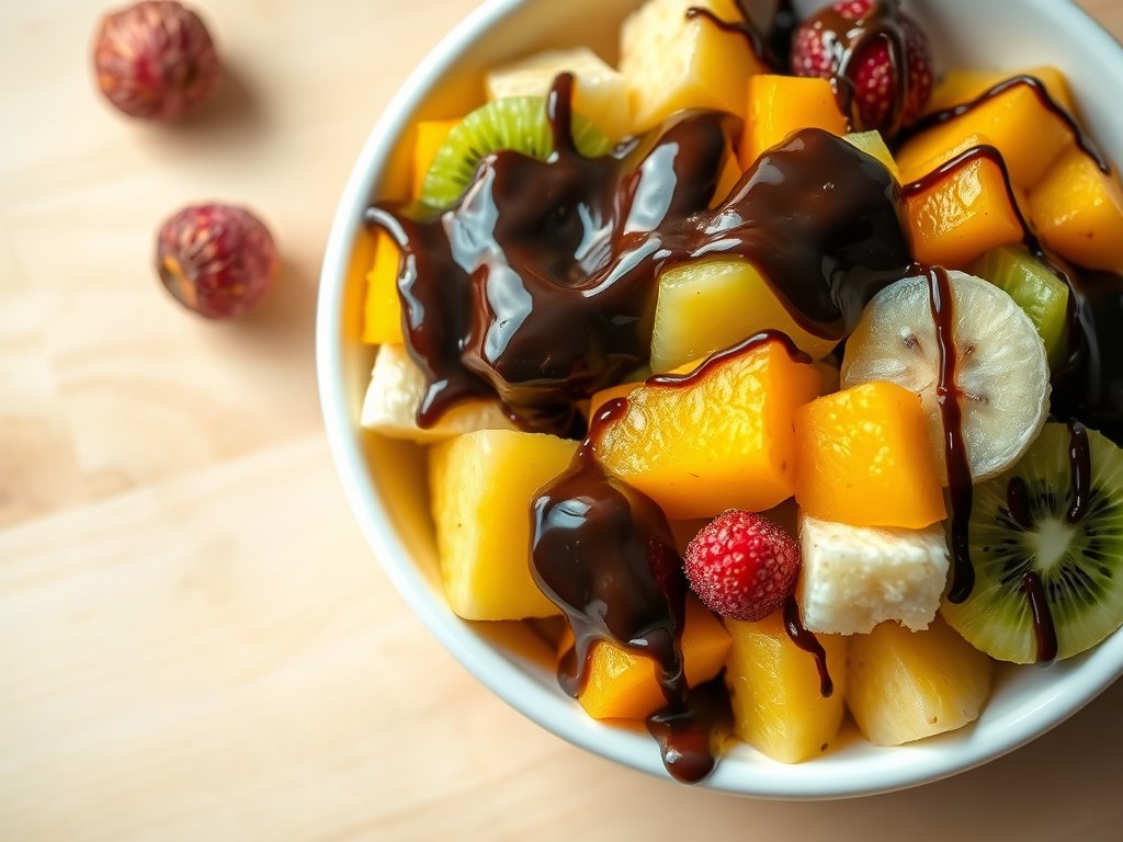 Fruit­sa­la­de met cho­co­la­de­saus, AI-gegenereerde illustratie