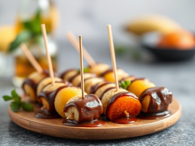 Fruitbrochettes met chocoladesaus