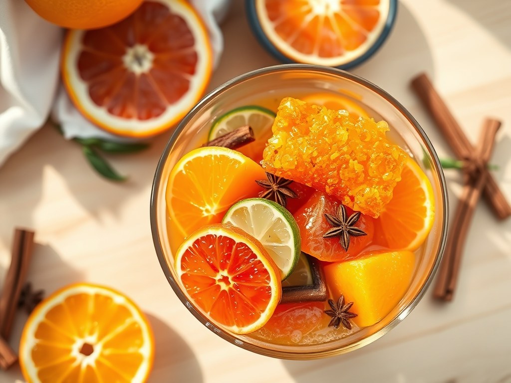 Fruitsalade met een krokantje, AI-gegenereerde illustratie