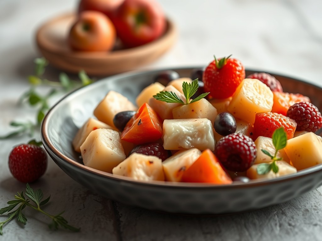 Fruitsalade met gevulde fricandeau, AI-gegenereerde illustratie