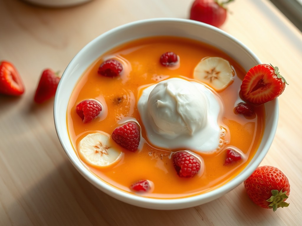 Fruitsoepje met vanille-ijs, AI-gegenereerde illustratie