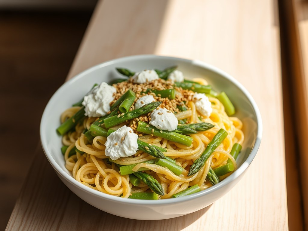 Fusilli met asperges en sesamzaadjes, AI-gegenereerde illustratie