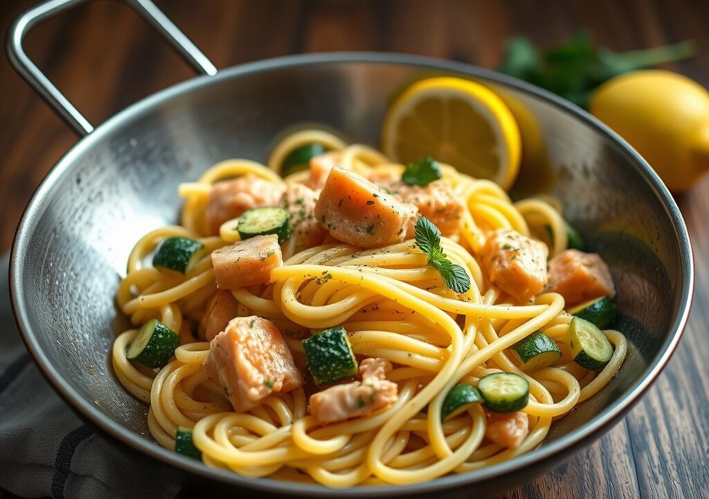 Fusilli met courgette, zalm en citroen, AI-gegenereerde illustratie