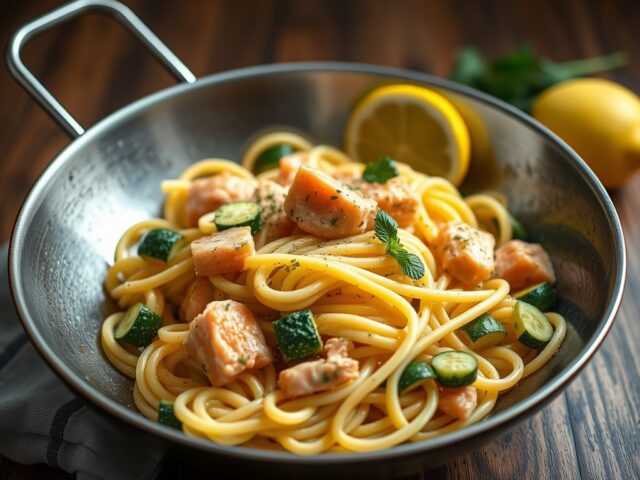 Fusilli met courgette, zalm en citroen — AI-gegenereerde illustratie