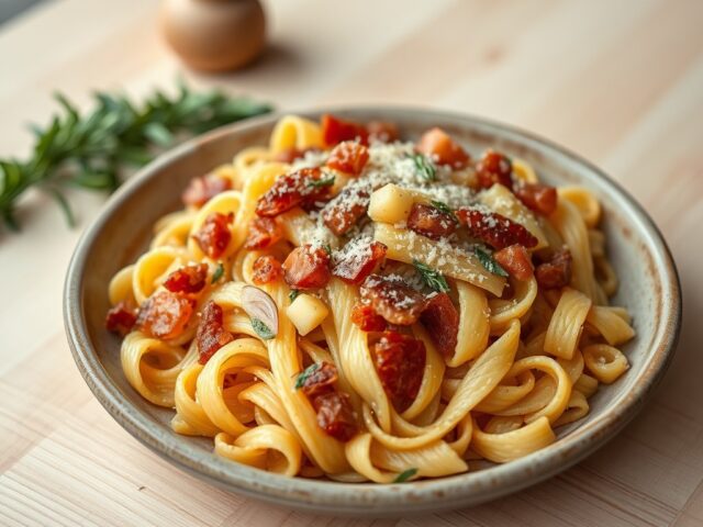 Fusilli met pancetta en ui