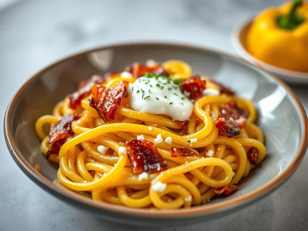 Fusilli met spekjes en crème fraîche, AI-gegenereerde illustratie