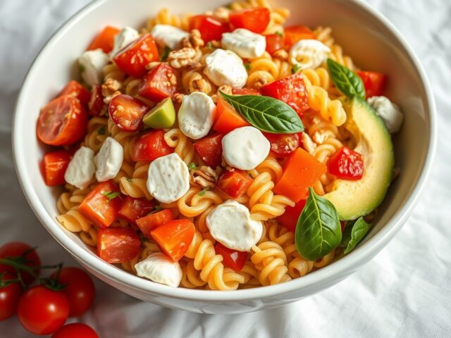 Fusillisalade met avocado, tomaat en mozzarella