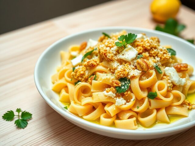 Fussilli met ricotta en notencrumble