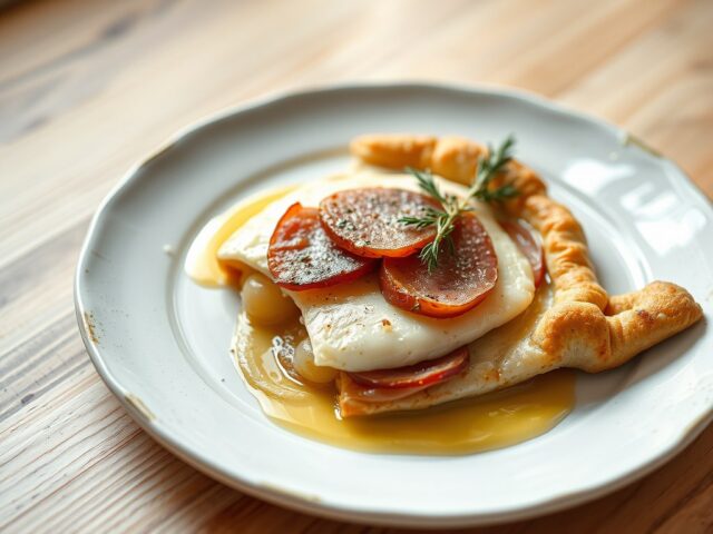 Galette van pladijs en gekookte ham met raapjes en cider