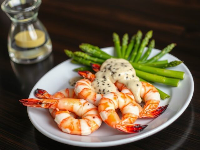 Gamba’s met groene asperges en pepersaus