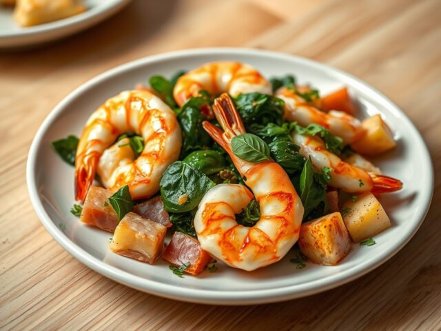Gamba’s met ham spinazie en kruiden