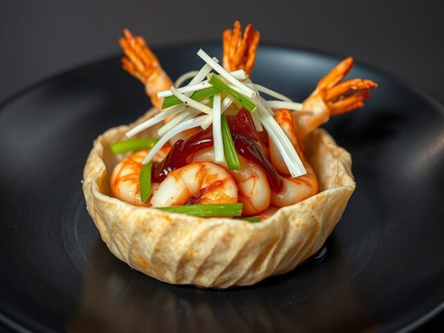 Gamba’s uit de wok in pappadam geserveerd, met prei