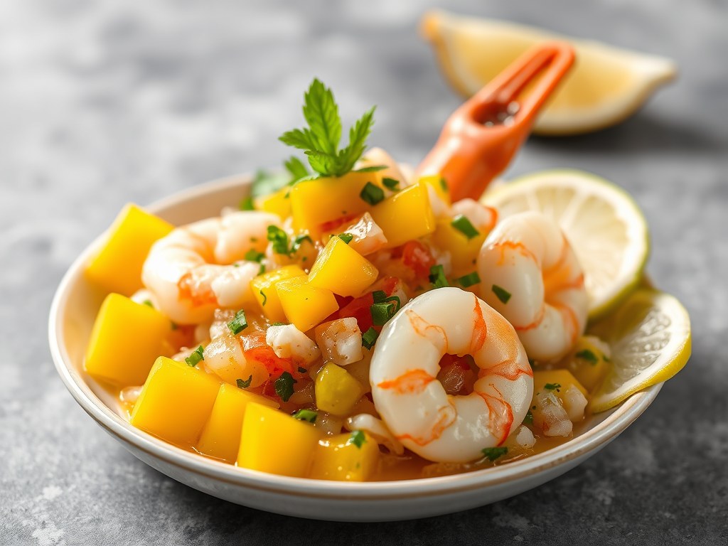 Gamba Ceviche met Mango, AI-gegenereerde illustratie