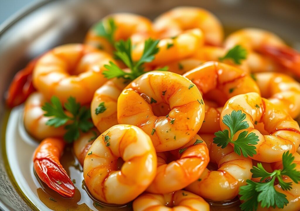 Gambas al ajillo garnaaltjes in hete knoflook olie, AI-gegenereerde illustratie