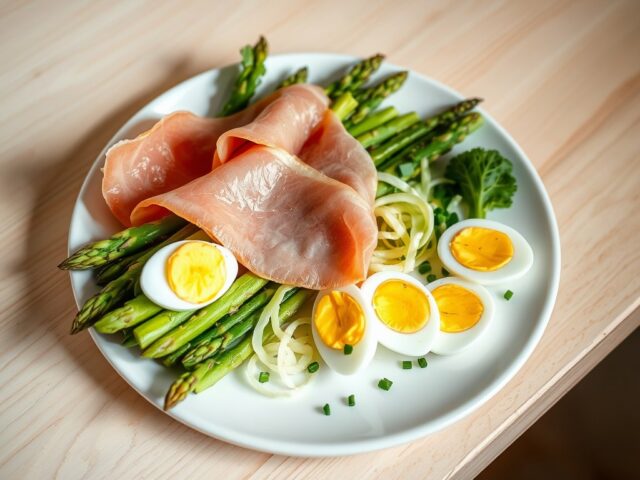 Ganda ham met asperges en kwarteleitjes