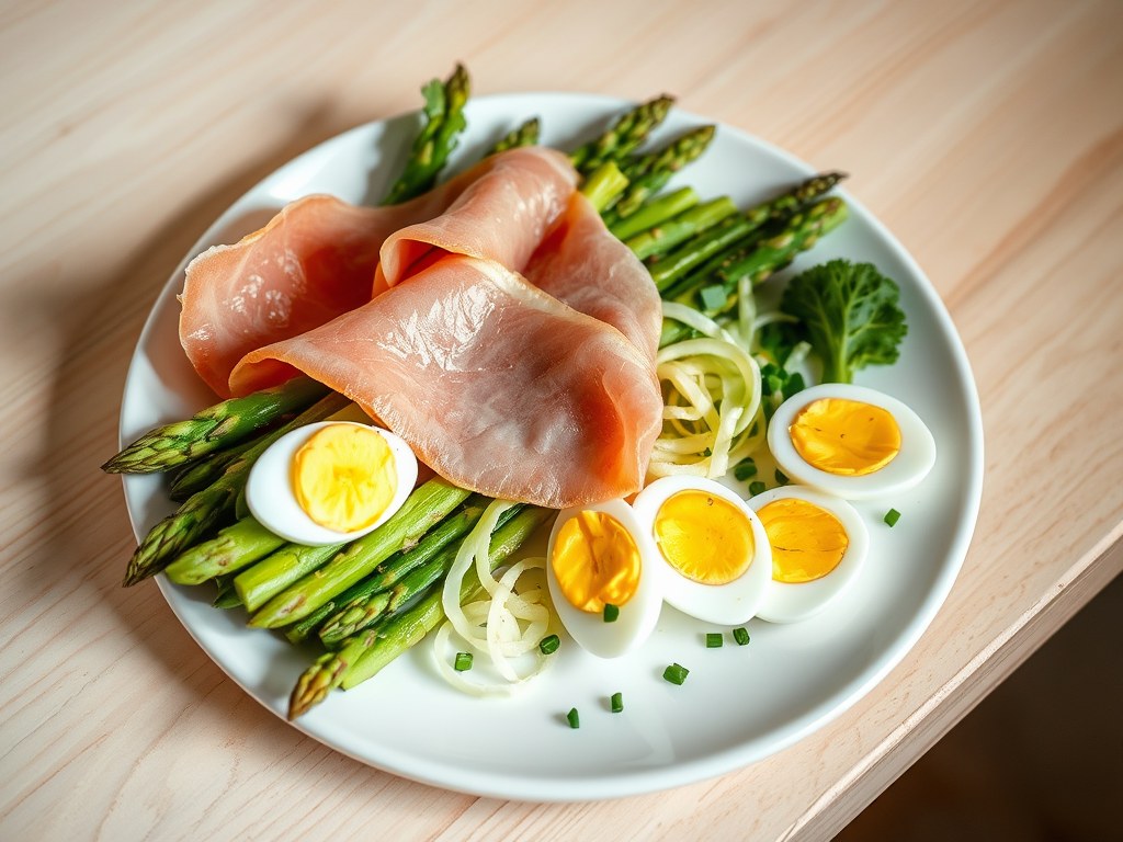 Ganda ham met asperges en kwarteleitjes, AI-gegenereerde illustratie