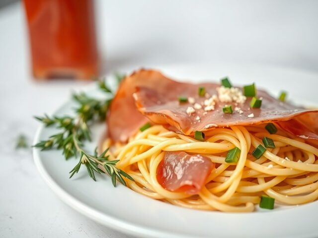 Ganda Ham met een nestje groentetagliatelle en kwarteleitjes