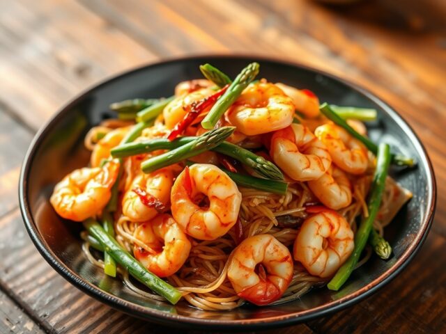 Garnalen en Groene Asperges uit de Wok