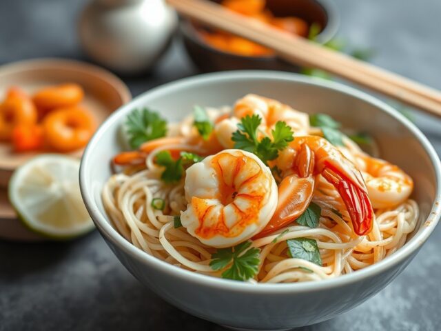 Garnalen in rijstnoedels als Thaise salade — AI-gegenereerde illustratie