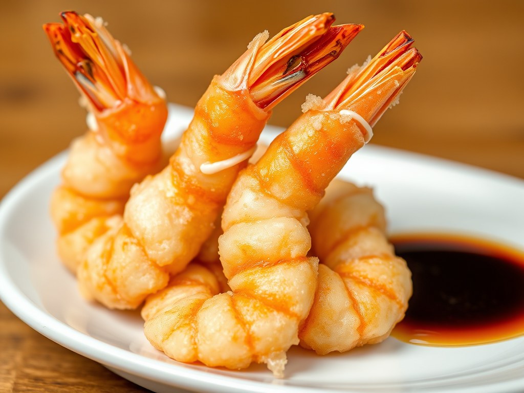 Garnalen in tempura-kruidenbeslag en mayo-sojasaus, AI-gegenereerde illustratie