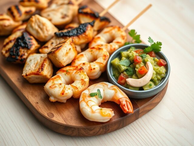 Garnalen-Kip Spiezen met Avo-Salsa en Lombok-Mayo