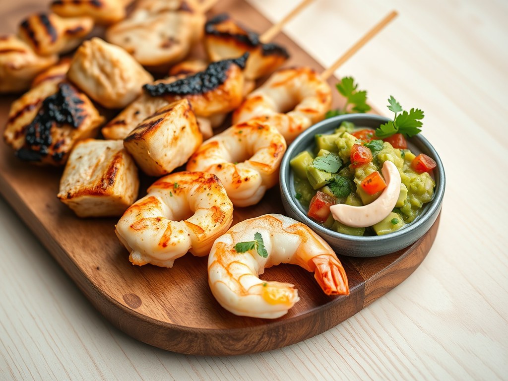 Garnalen-Kip Spiezen met Avo-Salsa en Lombok-Mayo, AI-gegenereerde illustratie