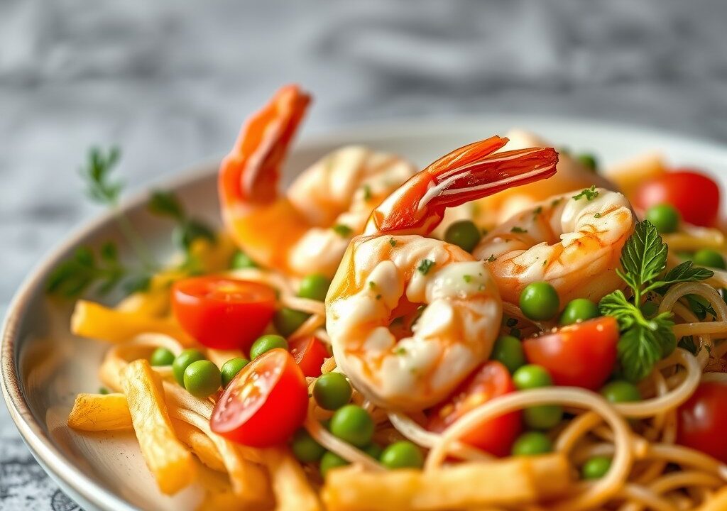 Garnalen-maaltijdsalade met slanke dressing, AI-gegenereerde illustratie