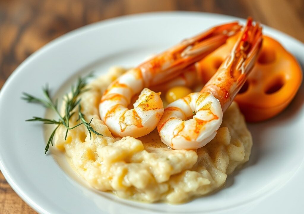 Garnalen met gepocheerde eieren en aardappelpuree, AI-gegenereerde illustratie