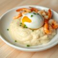 Garnalen met gepocheerde eieren en aardappelpuree