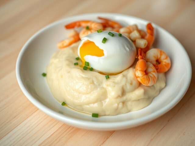 Garnalen met gepocheerde eieren en aardappelpuree