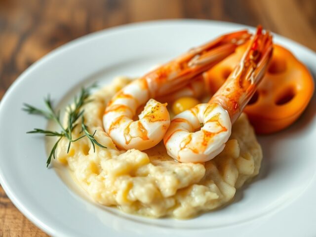 Garnalen met gepocheerde eieren en aardappelpuree — AI-gegenereerde illustratie