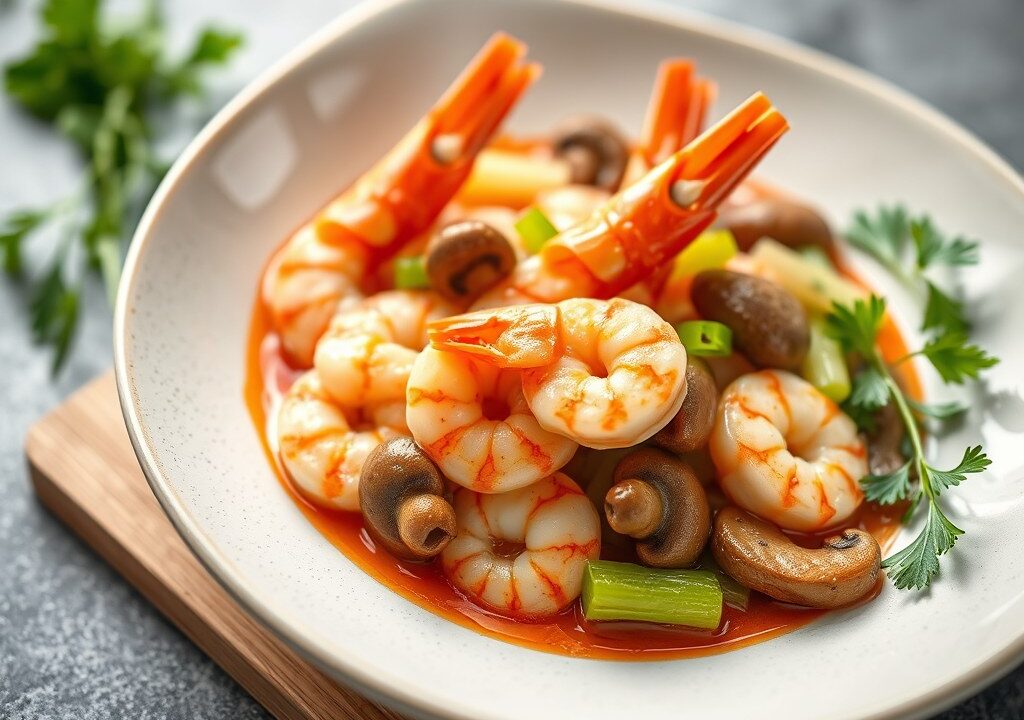 Garnalen met selderij en champignons, AI-gegenereerde illustratie