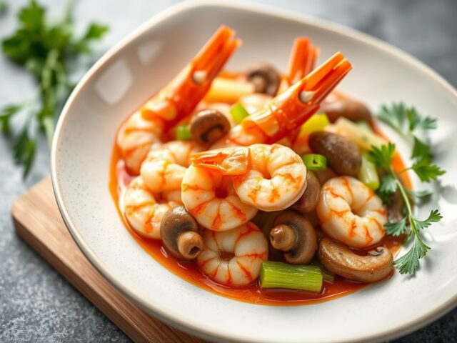 Garnalen met selderij en champignons — AI-gegenereerde illustratie