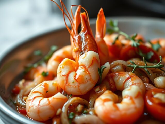 Garnalen met ui, knoflook en tomaat uit de oven