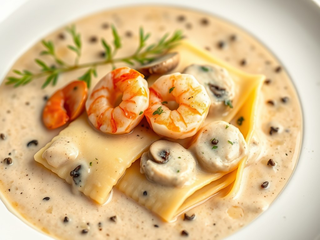 Garnalen-paddestoelenravioli in truffel-roomsaus, AI-gegenereerde illustratie