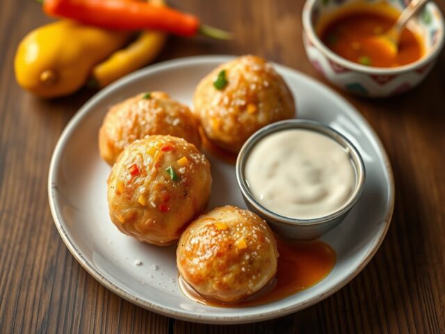 Garnalenbeignets met zoetzure saus uit Vietnam — AI-gegenereerde illustratie