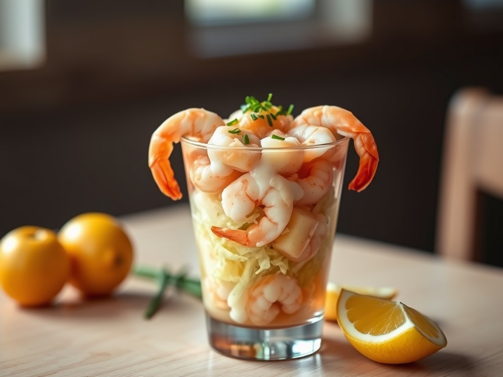 Garnalencocktail met appel, AI-gegenereerde illustratie