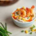 Garnalenmoes met mais, roomkaas en zoete chile