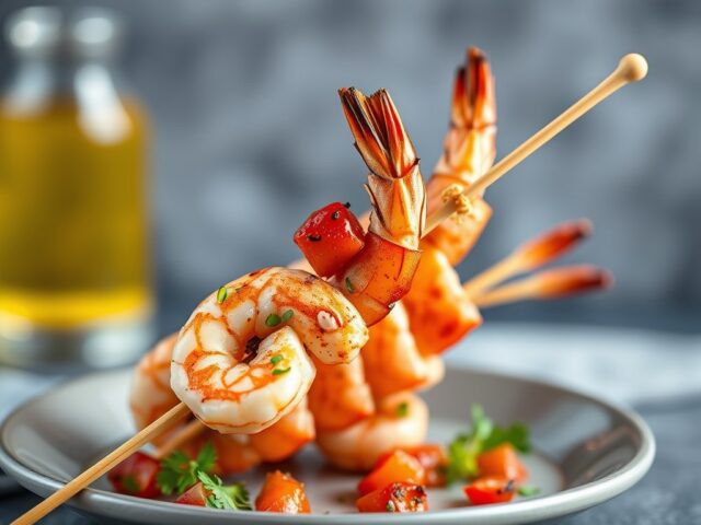 Garnalenspies met Visbrochettes en Salsa Pikante