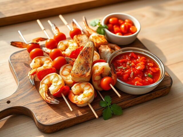 Garnalenspies met Visbrochettes en Salsa Pikante