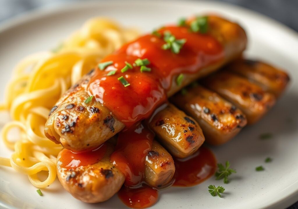Garnalenspiesje met sweet chili saus — AI-gegenereerde illustratie