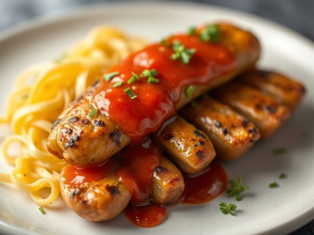 Garnalenspiesje met sweet chili saus — AI-gegenereerde illustratie